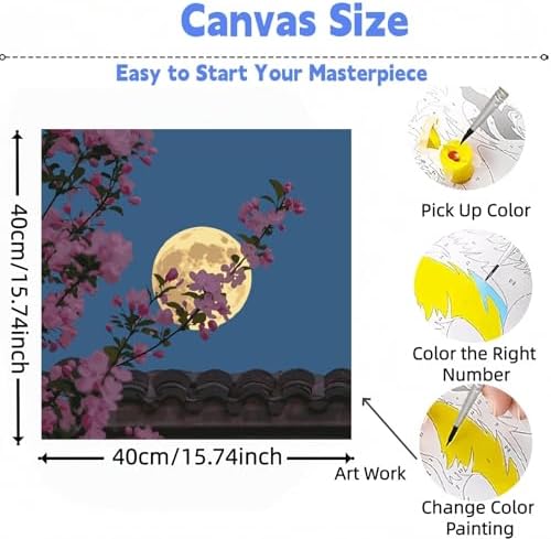 DOTSTART Paint by Numbers Kit for Adults, Moon and Flower Canvas Adult Paint by Number Kits, Acrylic Paint by Number Canvas for Adult Beginners, Home Wall Art Decor, 15.74X15.74 inch - Image 2