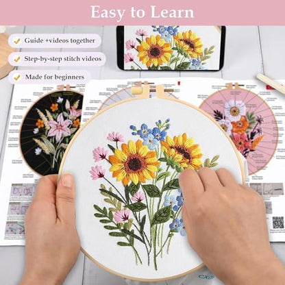 FEIYUENO 3 Sets Flowers Embroidery Kit for Beginner Adults (Floral) - Image 4