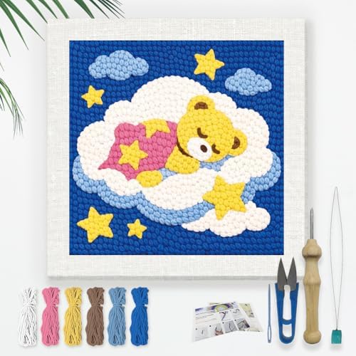 Doodlream Bear Cloud Needle Kit for Beginner, 9.4"x 9.4" Cartoon Animal Punch Stitching Craft Set, Color DIY Embroidery Starter with Printed Frame, Instruction, Threader, Yarn, Pinch Needle by Doodlream