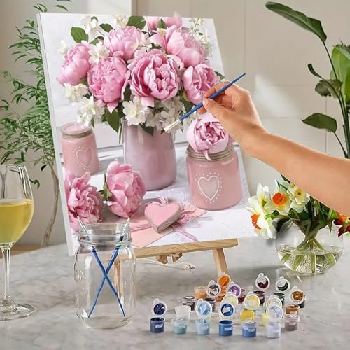 MaiMMaledy Paint by Numbers Kit for Adults Beginners Canvas Pictures with Framed Drawing Painting Acrylic Pigment with Wooden Triangle Easel Pink Flowers 8Wx12L inch - Image 2