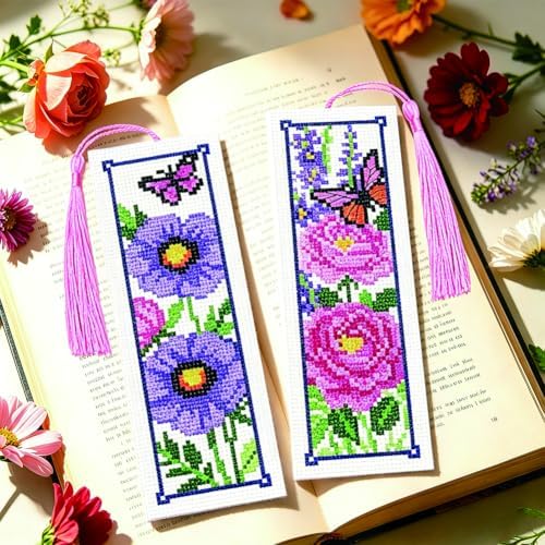 ACRNIGHEET 6PCS Cross Stitch Bookmark Kit for Beginner Stamped Cross Stitch Kits for Adults Floral DIY Tassel Embroidery Bookmark Kits Needlepoint Kit with Instructions Craft Gift 8.5''x3'' 11CT - Image 5