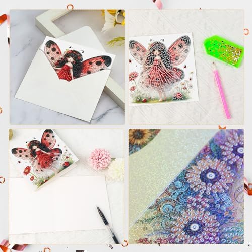 LazyFold 6 Pcs Diamond Art Painting Greeting Cards Kits, Red Fairy Handmade Festival Greeting Cards with Envelopes Diamond Art Crafts Birthday Cards Creative Gift - Image 7