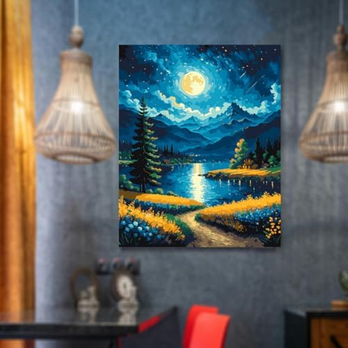 Lovepefe Moon Paint By Numbers Kit for Adults Beginner Forest Adult Paint By Number Kits On Canvas Adults Kits DIY Lake Flowers Oil Painting Kits for Gift Home Wall Decor 16x20 Inch - Image 4
