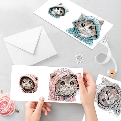 Tontut 6pcs Diamond Painting Kit Greeting Card, Hat Cat 5D DIY Diamond Handmade Holiday Greeting Card with Envelope, Christmas Gift Congratulation - Image 6