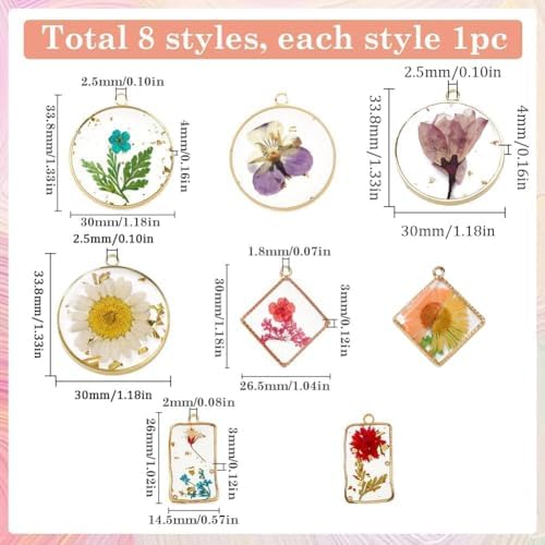 SUNNYCLUE 1 Box 8 Styles Resin Pressed Flower Charms Dried Flowers Charms Transparent Alloy Natural Plant Pendants for Jewelry Making Charms Necklace Keychains Wedding Christmas Women Beginners - Image 2