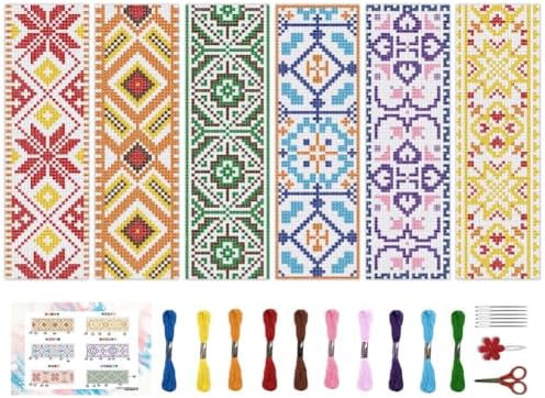 BEUNITONE 6 Pcs Vintage Cross Stitch Bookmark Kits for Beginner with Backing Felt Floss Instructions, Handmade Bookmarks DIY Stamped Craft Embroidery Kits for Adults, Book Lovers 8.5''x3'' by BEUNITONE