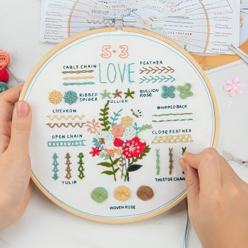 LX LERMX Embroidery Kit for Beginners Adults, 34 Stitch Techniques with Floral Patterns, Complete DIY Kit with Stamped Patterns, Hoop, Colorful Threads, Tools (Pattern 2) - Image 5