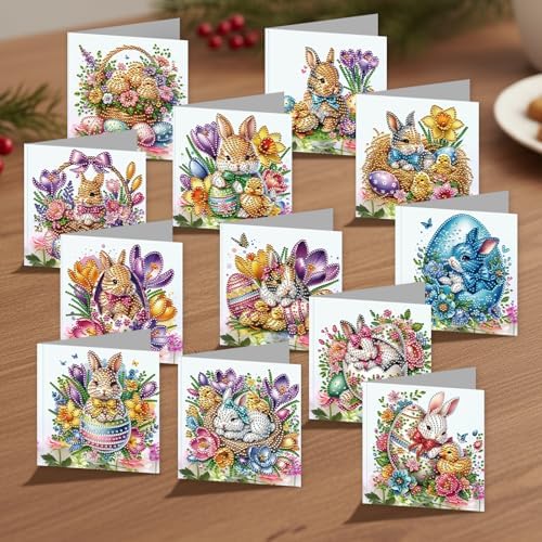 jinglinhh 12pcs Easter Egg Bunny Chick Daffodils Flower Diamond Art Painting Greeting Cards with Envelopes, DIY Card Making Kits for Adults, Diamond Art Birthday Holiday Cards Craft Gifts - Image 4