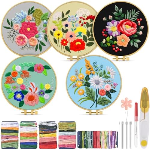 TINDTOP 5 Sets Embroidery Kit for Adults, Floral Embroidery Practice Kit for Beginners Include Embroidery Cloth Hoops Threads for Craft Lover Hand Stitch by TINDTOP