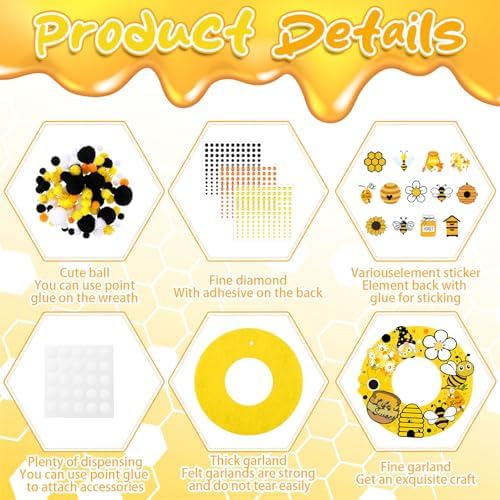 32 Sets Bee Wreath Crafts Kits DIY Summer Felt Bee Wreath Hanging Ornaments with Sunflower Honey Flower Gnome Hive Stickers Crafts Make Your Own for Home Summer Party Decor - Image 5