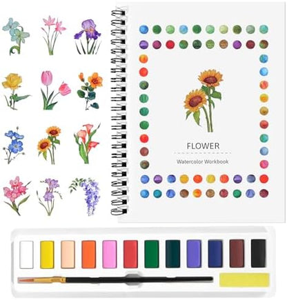 Watercolor Workbook for Beginners, Water Color Paint Book Set with Paints & Brush, 12 Beautiful Flower Patterns of Original DIY Designs, Relaxing & Creative & Joy Adult Coloring Books by GlisDyck