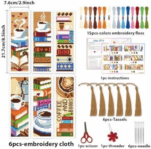 ACRNIGHEET 6PCS Cross Stitch Bookmark Kit for Beginner Stamped Cross Stitch Kits for Adults Book&Coffee DIY Tassel Embroidery Bookmark Kits Needlepoint Kit with Instructions Craft Gift 8.5''x3'' 11CT - Image 2
