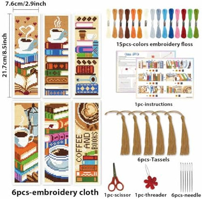 ACRNIGHEET 6PCS Cross Stitch Bookmark Kit for Beginner Stamped Cross Stitch Kits for Adults Book&Coffee DIY Tassel Embroidery Bookmark Kits Needlepoint Kit with Instructions Craft Gift 8.5''x3'' 11CT - Image 2