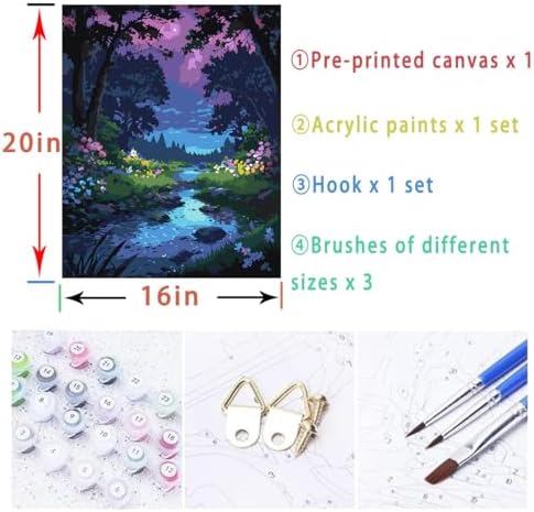 Lovepefe Forest Rivulet Paint By Numbers Kit for Adults, Paint by Number Kits for Beginner Acrylic On Canvas Forest Night Oil Painting Kit Adults Kits for Gift Home Wall Decor 16x20 Inch - Image 5