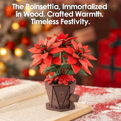 ROBOTIME 3D Wooden Poinsettia Puzzle - with Flower Pot Base, Adjustable Stem, Christmas Home Desk Decor, DIY Craft Kit for Adults - Image 4