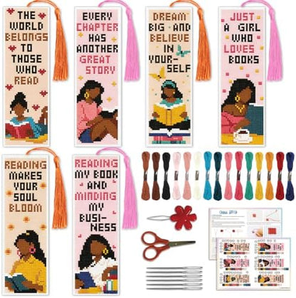 ACRNIGHEET 6PCS Cross Stitch Bookmark Kit for Beginner Women Reading Stamped Cross Stitch Kits Needlepoint Kit for Adults DIY Tassel Embroidery Bookmark Kits with Instructions Craft Gift 8.5"x3" 11CT by ACRNIGHEET