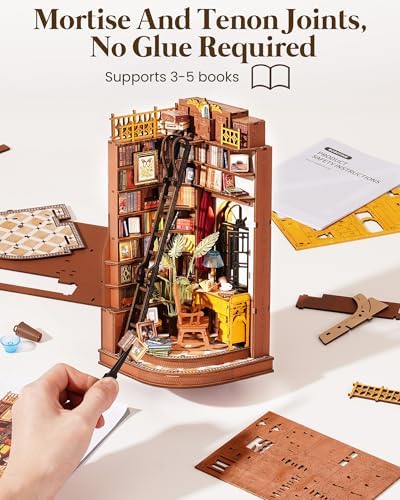 Rolife 3-Hour Easy Build Dark Academia Book Nook Kit, Silent Corner Study TGE02, 3D Wooden Puzzle for Adults, Beginner DIY Miniature with LED Light, Aesthetic Bookshelf Insert & Bookend - Image 4