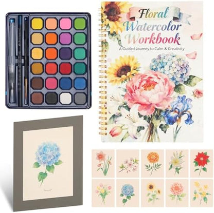Floral Watercolor Painting Kit, 24 Paints, 3 Brushes, Workbook by Unknown