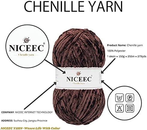 NICEEC 2 Skeins Soft Chenille Yarn 2 x255m (2X 279yds, 3X 150g)_Coffee - Image 4