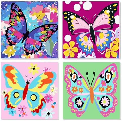 MVVMTOP 4 Pack Paint by Numbers Kit for Adults Beginner with Wooden Frame, Easy DIY Colorful Butterfly Acrylic on Canvas Paint Painting Kits, for Home Wall Decoration Arts Crafts 7.8x7.8inch by MVVMTOP