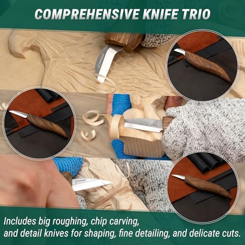 BeaverCraft Wood Carving Knife Set Deluxe S15X - Wood Carving Kit with Detail Chip Knife, Sloyd Roughing Whittling Knives & Leather Strop - Whittling Tools Set with Leather Case for Carvers - Image 3