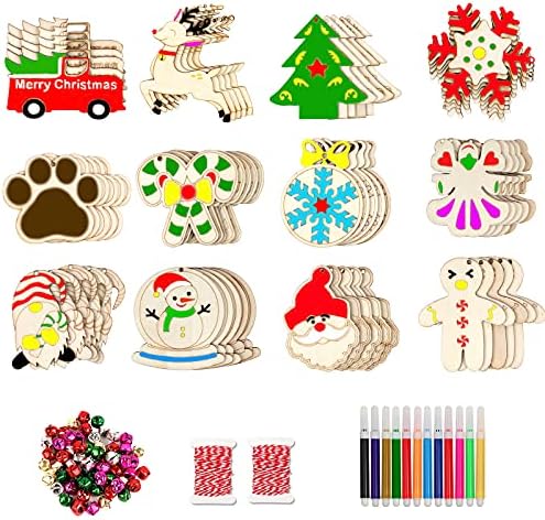 GUDELAK 60PCS DIY Wooden Christmas Ornaments, 12 Styles Christmas Crafts for Kids Adults with Ropes, 60 Bells and 12 Colored Pens, Unfinished Wood Ornaments Making Kit for Christmas Tree Decorations - Image 3