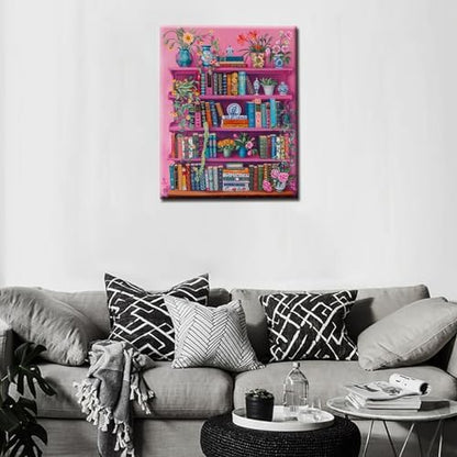 Bookshelf Book Theme Paint by Numbers Kits for Adult Boho Paint by Numbers Library Painting Kits on Canvas with Brushes and Acrylic Pigment for Home Wall Decor Without Framed 16''W x 20''H - Image 3