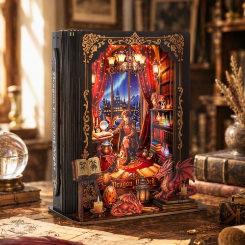 Book Nook Kit Dragon Covenant, 3D Wooden Puzzle with LED Lights, DIY Miniature Model Kit Room Home Decor, Holiday Birthday Christmas Day Gifts for Men Women Teens - Image 3