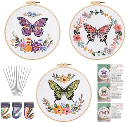 GLTAYLMY Butterfly Embroidery Kit for Beginners Adults, 3 Sets Hand Embroidery Starter Kit with Flower Pattern and Instructions Stamped Cross Stitch Kits Include Embroidery Hoop Needles Threads by GLTAYLMYFortuneSmilesonJoyfulTradingwithEveryone