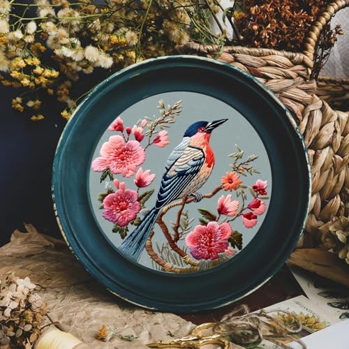 FONNUY Embroidery Kit for Beginners, Hummingbird Flowers Pre-Stamped Pattern Kits for Adults with Hoop, Easy to Follow Color Thread Needlework, 8''Hoop (Blue) - Image 3