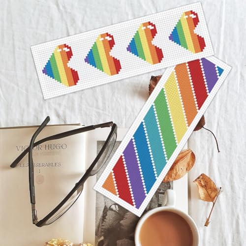 BEUNITONE Cross Stitch Bookmark Kit 6 Pcs Rainbow DIY Bookmarks Cross Stitch Kits for Adults Beginners Love Heart Pre-Sorted Floss Cross-Stitch Stamped Embroidery Kit with Instruction 8''x2.4'' - Image 5