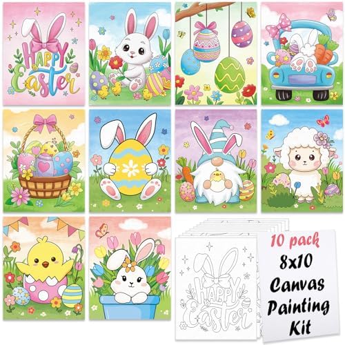Nuberlic 10Pcs Easter Pre Drawn Canvas to Paint for Kids Girls Boys Painter Teen Adults Happy Easter Bunny Chick Egg Hunt Spring Holiday Painting Kits Pre Stretched Canvas Outline Boards 8x10 inch by Nuberlic