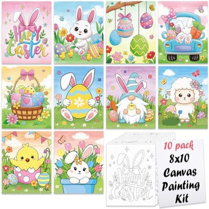 Nuberlic 10Pcs Easter Pre Drawn Canvas to Paint for Kids Girls Boys Painter Teen Adults Happy Easter Bunny Chick Egg Hunt Spring Holiday Painting Kits Pre Stretched Canvas Outline Boards 8x10 inch by Nuberlic