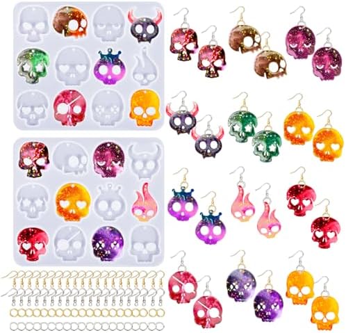 82 PCS Halloween Skull Earring Molds Kits with Holes, 12 Pairs Silicone Resin Molds with 40 Earring Hooks Epoxy for Halloween Decorations Pendants Keychains by Rifanda