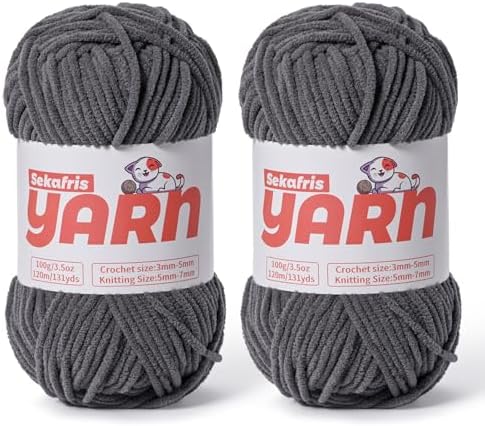 2 Pack Plush Chunky Chenille Yarn for Crocheting, Soft Fluffy Velvet Yarn for Crocheting Amigurumi, Fuzzy Baby Blanket Knitting 200g/262yds Bulky(2 Dark Gray) by Sekafris