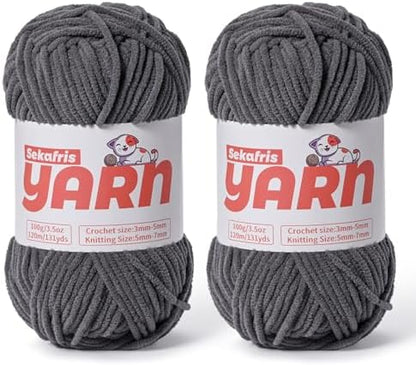 2 Pack Plush Chunky Chenille Yarn for Crocheting, Soft Fluffy Velvet Yarn for Crocheting Amigurumi, Fuzzy Baby Blanket Knitting 200g/262yds Bulky(2 Dark Gray) by Sekafris