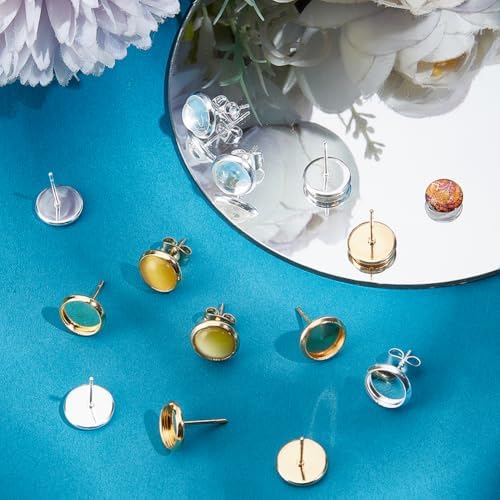Beebeecraft 1 Box 60Pcs 8mm Blank Stud Bezel Settings 18K Gold & 925 Sterling Silver Plated Stainless Steel Flat Round Stud Earring Settings with Ear Nuts for Jewelry Making - Image 3