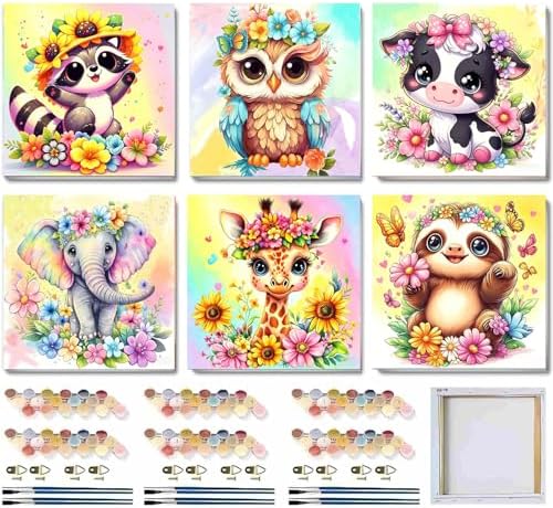 MXCFZX 6-Piece Framed Digital Painting Set for Children, Animal Painting Set Suitable for Children Aged 4-8-12. Easy Owl Elephant Cows Acrylic Oil Painting Set for Home Wall Decoration 8 x 8 inch by MCCFZX
