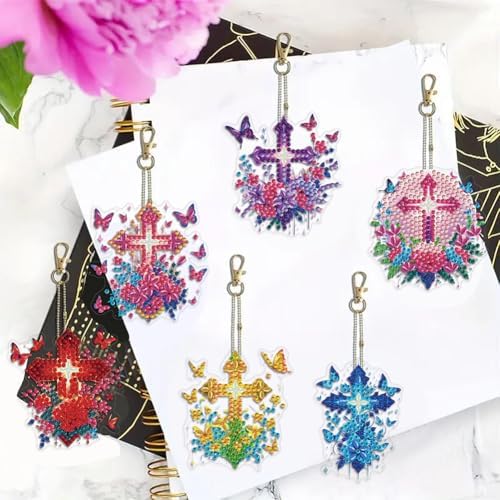 HuamuTech 5 Pcs/6 Pcs/8 Pcs Full Drill Keyring Special Shape Double Sided Diamond Art Keychain for Beginners Birthday Craftin - Image 5
