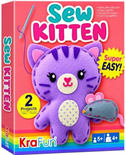 KRAFUN Beginner Sewing Kit, Sew Kitten & Mouse, Pre-Cut Felt, Kids Ages 5+ by FunCreativeArtsCraftKits