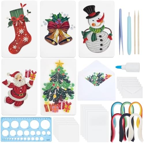WEBEEDY 20 Sets Christmas Paper Quilling Kit for Adult Beginner Handmade Christmas Tree Snowman Ball Socks Patterns Greeting Card with Instuction DIY Holiday Congratulation Cards for Party Decor by WEBEEDY