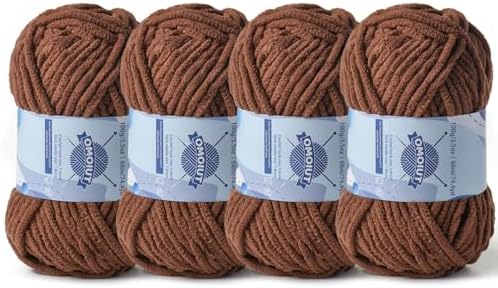 4 Pack Chunky Chenille Yarn for Crocheting, Baby Yarn for Crocheting Soft Blankets, Bulky Yarns for Crochet Amigurumi, 400g (297yds) Fluffy Velvet Yarns for Hand Knitting (4 Coffee) by OMoiut