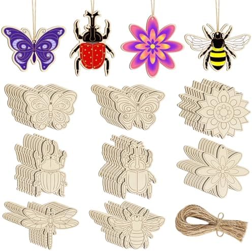 Sophena 80PCS Wooden Spring Ornaments to Paint, 8 Styles DIY Blank Unfinished Wood Insect Cutouts Ornament for Crafts Hanging Decorations, Dragonfly Butterfly Flower Shape Home Decorations Gifts by Sophena