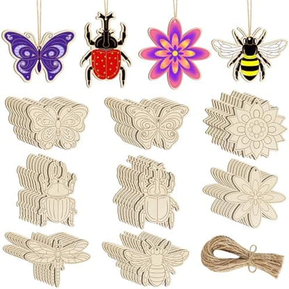 Sophena 80PCS Wooden Spring Ornaments to Paint, 8 Styles DIY Blank Unfinished Wood Insect Cutouts Ornament for Crafts Hanging Decorations, Dragonfly Butterfly Flower Shape Home Decorations Gifts by Sophena