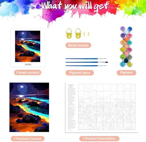 Yunnuo Paint by Numbers Kit for Adults, Seaside Night Scene Adult Paint by Number Kits on Canvas, DIY Beach Number Painting for Wall Decoration Festival Gifts 16"x20"(Glowing Sea Water& Moon) - Image 5