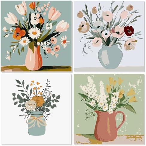 NAIMOER 4 Pack Flowers Paint by Numbers Kits for Adults Beginner with Wooden Framed, Color by Numbers on Canvas Painting Kits for Adults, Easy Paint DIY Acrylic for Home Wall Decor 8X8 Inch by NAIMOER