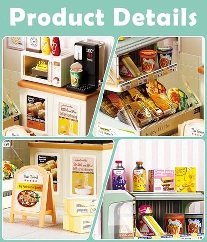 Convenience Store Miniature House Kit, Plastic DIY Dollhouse with Snacks & Hot Food Station, Stackable Transparent Dust Cover, Creative Desktop Decor for Adults Teens - Image 3