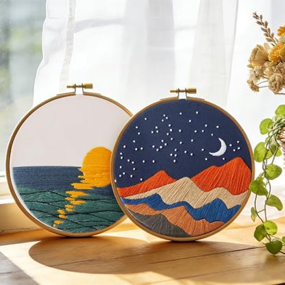 Armindou Hand Embroidery DIY Kits for Beginners Adults, Sea Sunrise Embroidery Set Needlepoint Kits, Stamped Cross Stitch Kits for Beginners Adults, 2 Embroidery Hoops, Fabric(Attached Video Tutorial) - Image 2