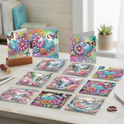 12 Pack Diamond Painting Greeting Cards Kit with Envelopes, 5D DIY Heart Flower Butterfly Hummingbird Diamond Art Cards, Mothers Day Valentines Birthday Cards for Women Her - Image 2