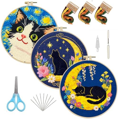 FEIYUENO 3 Sets Cross Stitch Embroidery Kit for Beginner Adults (Cat) by FEIYUENO